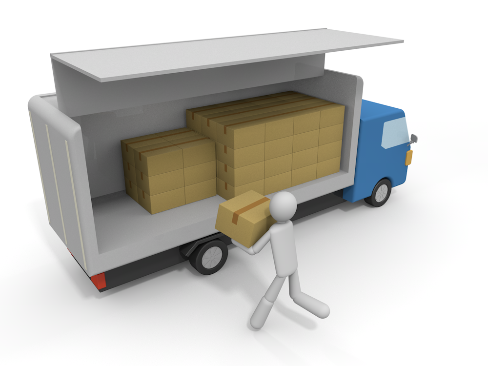 A large amount of luggage loaded on a delivery truck and a person carrying cardboard boxes. Free illustration material representing the moving, logistics, and transportation industries.