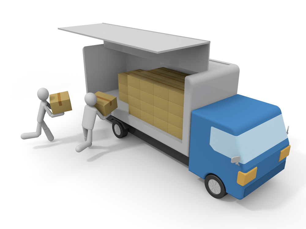 Two people loading luggage into a delivery truck. Free illustration material representing the moving, logistics, and transportation industries.