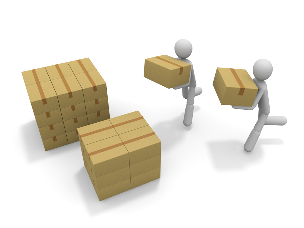 Stacked cardboard boxes and two people carrying each one. Free illustration material representing the transportation and logistics of luggage.