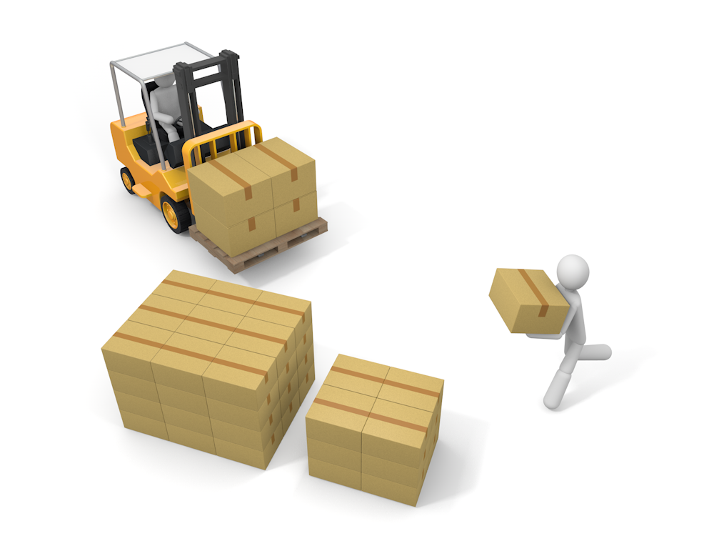 Free illustration of a forklift carrying luggage in a warehouse and a worker holding a cardboard box. Image of logistics and warehouse work.