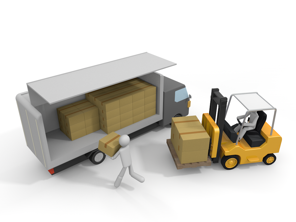 配送トラックに荷物を積み込む作業員とフォークリフトの無料イラスト。物流・運送のイメージ。