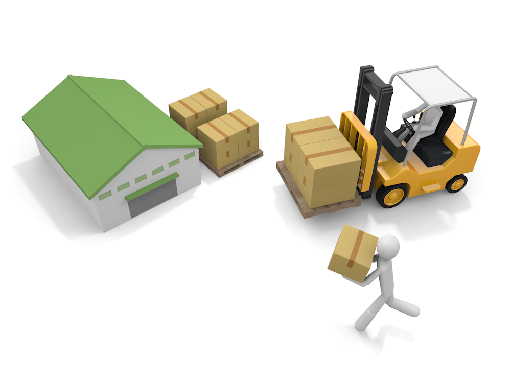倉庫の前に荷物が積まれ、フォークリフトと作業員が荷物運搬をする無料イラスト。物流センター・倉庫管理のイメージ。