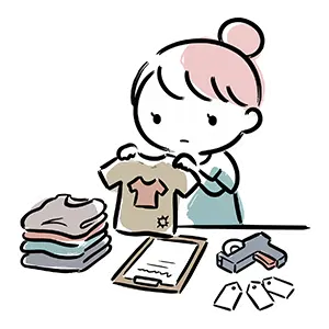 机の上で洋服の傷みや汚れをチェックしながらタグガンで値札付けをする女性アパレル店員