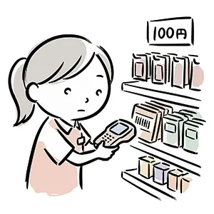 100円ショップの陳列棚前でハンディ端末を使って在庫確認や検品を行う女性スタッフ
