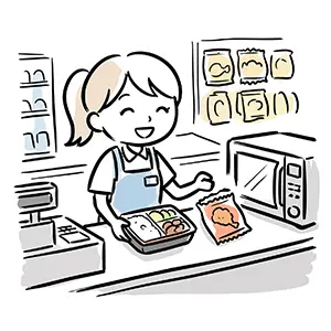 コンビニのレジでお弁当を電子レンジで温めようと笑顔で対応する女性スタッフ