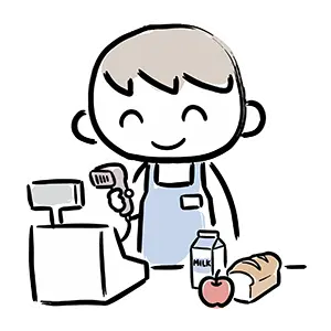 エプロン姿でバーコードリーダーを持ち牛乳やりんごのお会計を笑顔で進めるレジ係の店員