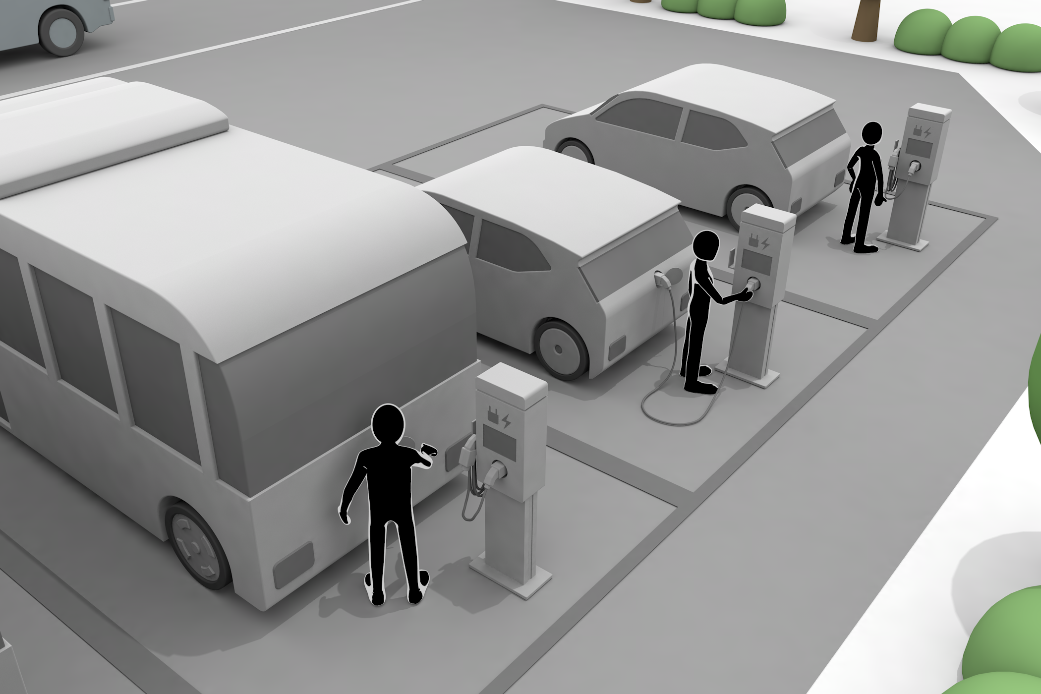 電気を動力源/小型車やかっこいいデザイン/壁面取り付け型やスタンド型 - イラスト/3Dレンダリング/フリー素材/商用使用OK
