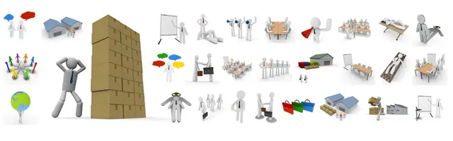 倉庫や大量の段ボール、会議、プレゼン、握手など、物流やオフィス業務のシーンを描いた3D人物イラストセット。在庫管理や商談、チームワーク、多忙な業務の様子を表現しています。