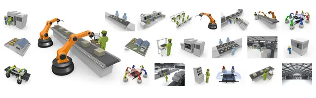 産業用ロボットアームによる組み立て、ベルトコンベア、クリーンルーム、自動車製造など、工場の自動化（FA）と生産ラインを描いた3Dイラスト素材セット。