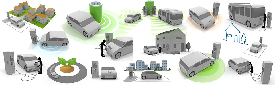 電気自動車（EV）と充電インフラのイラスト集。充電スタンドや自宅での給電、ワイヤレス充電、電気バス、大容量バッテリー、環境への配慮など、次世代モビリティ社会を表現。